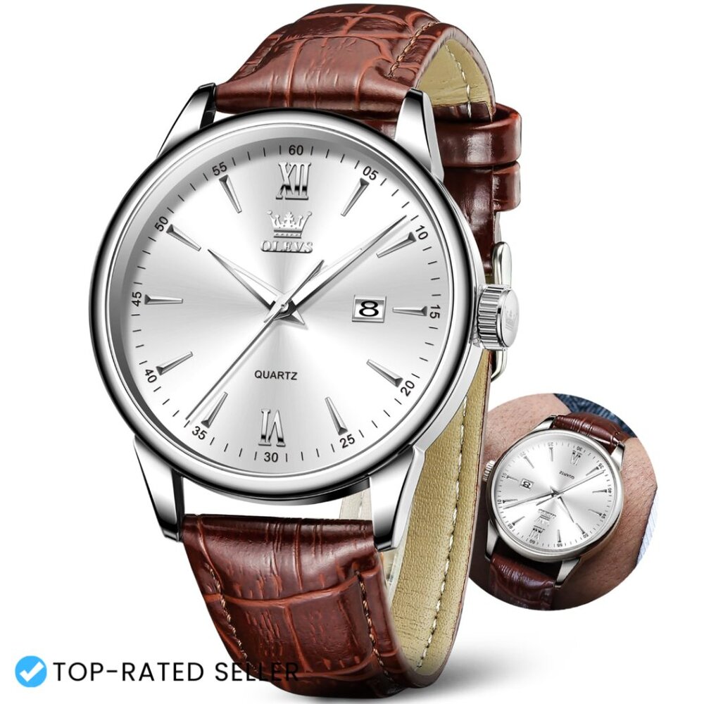 Classic Leather Band Watch Big Face Roman Numerals Day Date Waterproof Men's